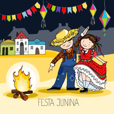 Ateşin yanında dans kız ve erkek. Brezilyalı Haziran Festa Junina parti