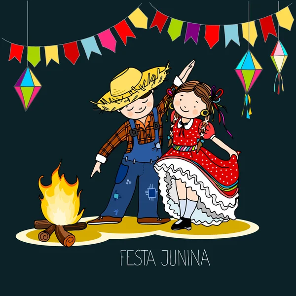 Chlapec a dívka tančí v noci u ohně. Brazilské, červen Festa Junina párty — Stockový vektor