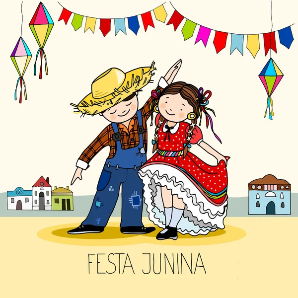 Chico y chica bailando en la fiesta brasileña de junio Festa Junina — Archivo Imágenes Vectoriales