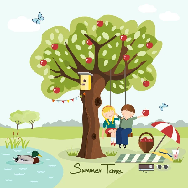 Crianças balançando em uma árvore, cartão de saudação de verão, ilustração vetorial de verão, design plano — Vetor de Stock