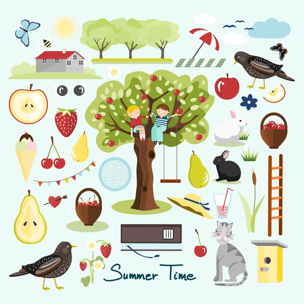 Zomer tuin elementen, zomer vectorobjecten, plat ontwerp, vectorillustratie — Stockvector