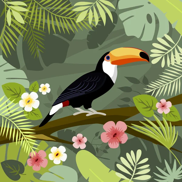 Toucan nella giungla, illustrazione vettoriale, design piatto — Vettoriale Stock