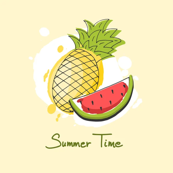 Ananas en een plakje van watermeloen, hand getekende vector-object — Stockvector