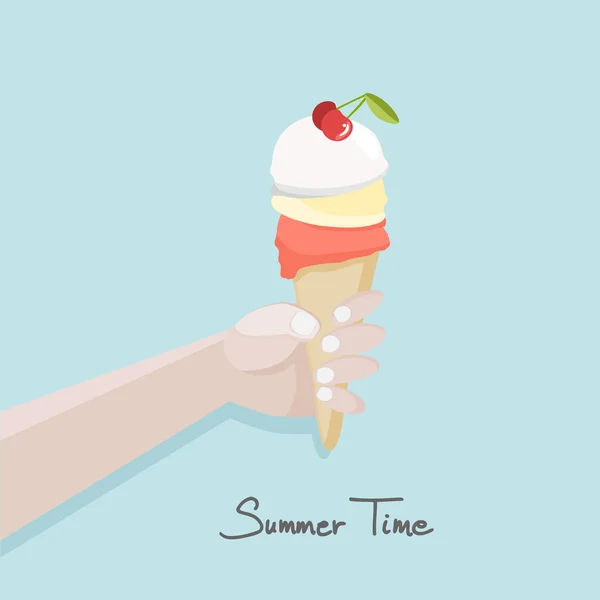 Bras tenant un cône de crème glacée — Image vectorielle