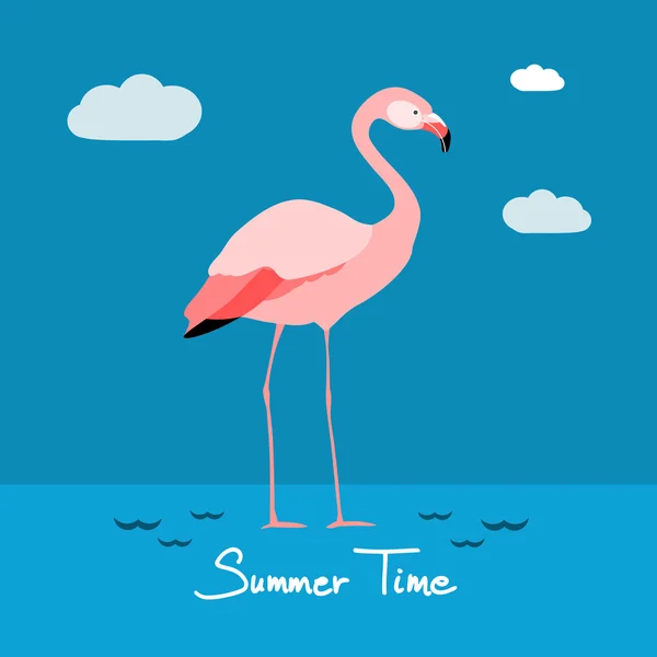 Flamant rose sur fond bleu, illustration vectorielle d'été, dessin plat — Image vectorielle