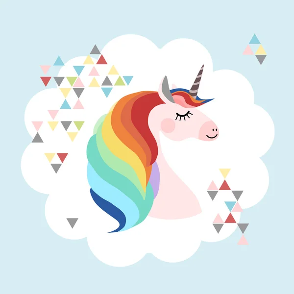 Unicorn head with rainbow mane and boho triangles in the background - Stok Vektor