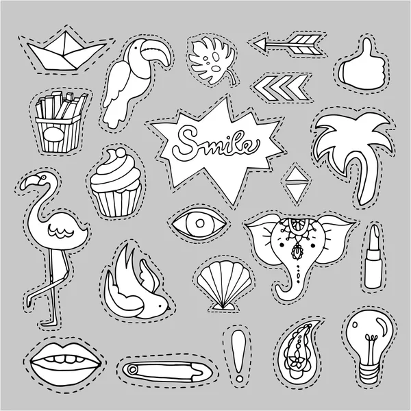 Set of white cartoon patch badges, fashion pin badges — Stock Vector