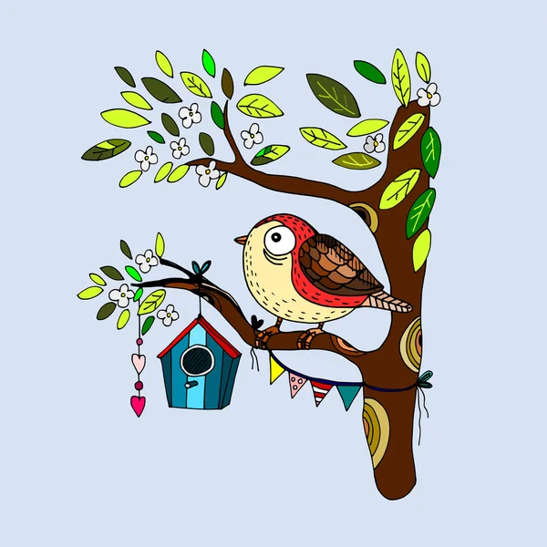 Jolie anniversaire, carte de douche bébé avec oiseau sur l'arbre, vecteur — Image vectorielle