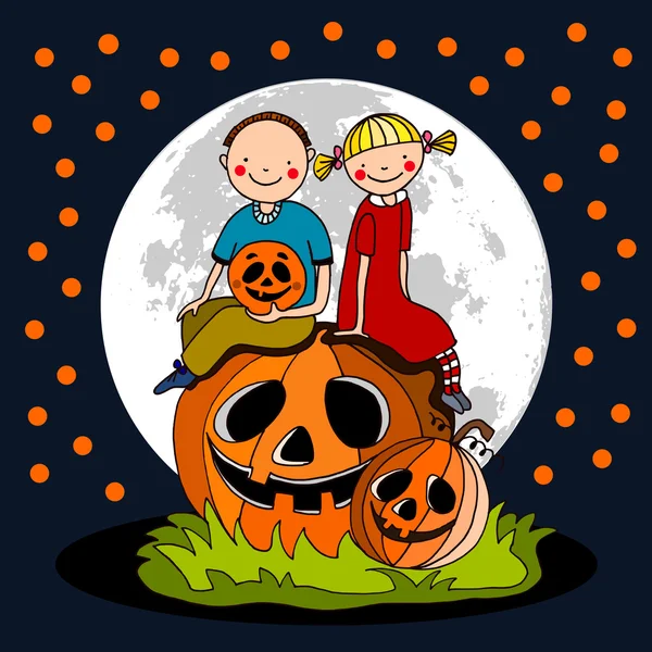 Linda tarjeta de felicitación de Halloween, invitación con niños sentados en calabazas y luna llena, fondo de ilustración vectorial — Vector de stock