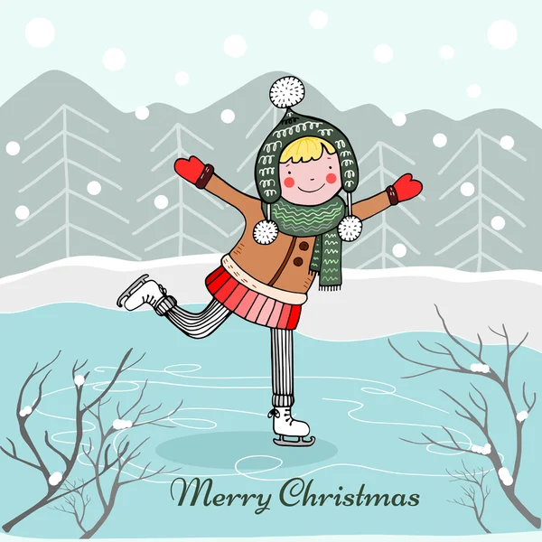 A girl skating on ice, Christmas greeting card, — Stock Vector