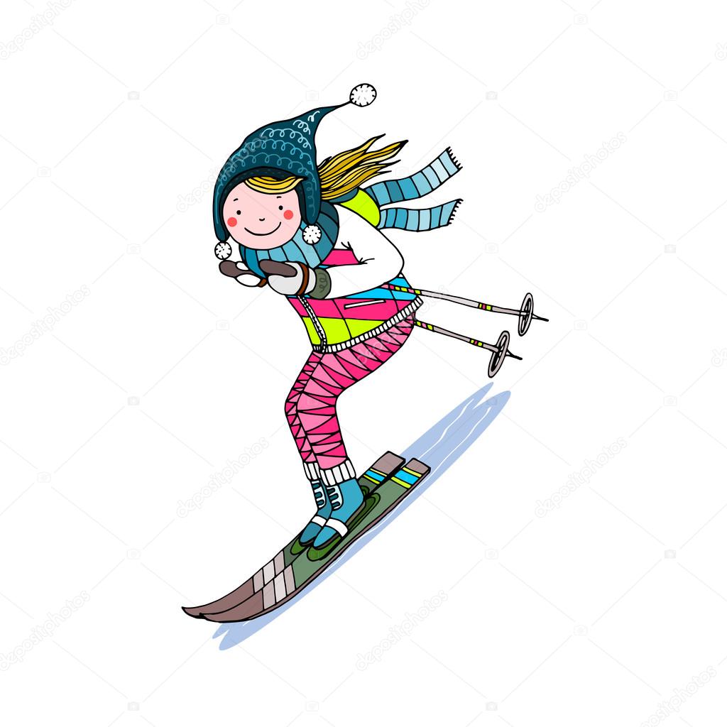 Girl skiing down the hill, hand drawn vector illustration