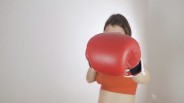 スポーツバンドとボクシング。ボクシングの練習をしている彼女の腕の上にスポーツ包帯を持つ女性。若いスポーツ女性のワークアウト運動 — ストック動画