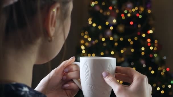 Romantyczna dziewczyna z filiżanką kawy lub herbaty. Piękna dziewczyna lubi kawę. Uroczyste wnętrze ze światłami, Choinka Zimowy wieczór, przytulne — Wideo stockowe