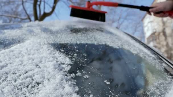 Ruka čistí přední sklo auta od sněhu. V zimě bylo auto pokryto sněhem. — Stock video