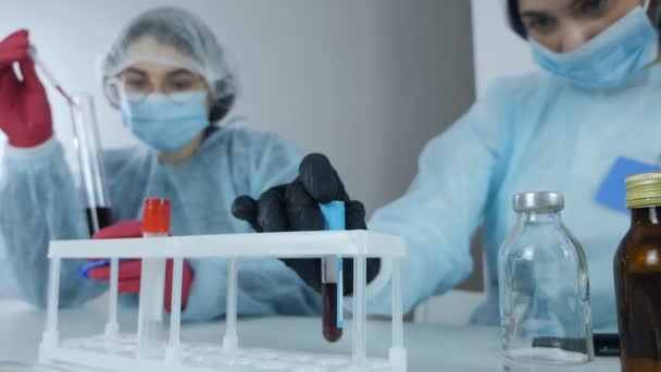 Naukowcy w rękawiczkach prowadzących eksperyment naukowy i analizę bakterii drobnoustrojów w laboratorium. Specjalista i badacz pracujący w laboratorium — Wideo stockowe