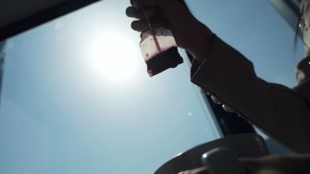 Mergulhe um saco de chá em água quente em uma caneca de cerâmica, iluminada pela luz natural da manhã de uma janela — Vídeo de Stock