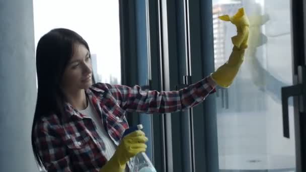 Приваблива молода жінка прибирає панорамне скло з ганчіркою і миючим засобом — стокове відео