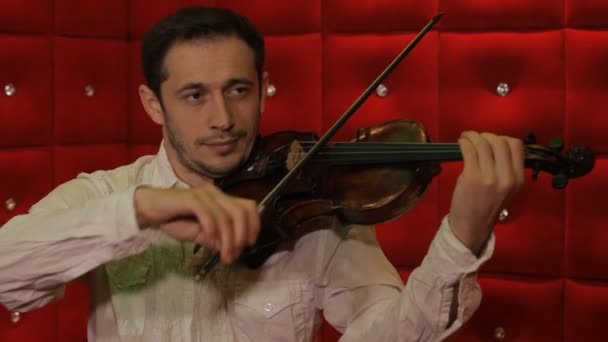 若い男は、赤の背景にバイオリンを演奏します。 — ストック動画