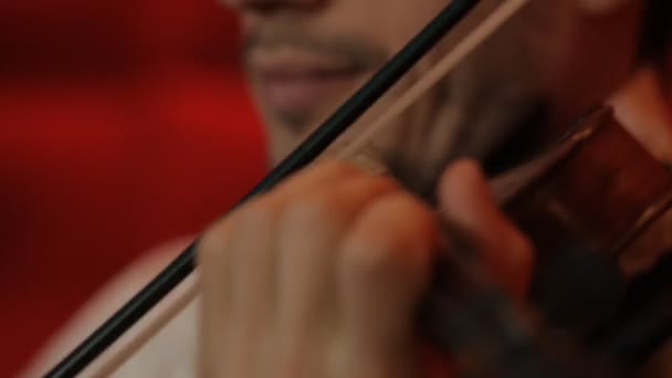 Un joven toca el violín sobre un fondo rojo — Vídeos de Stock