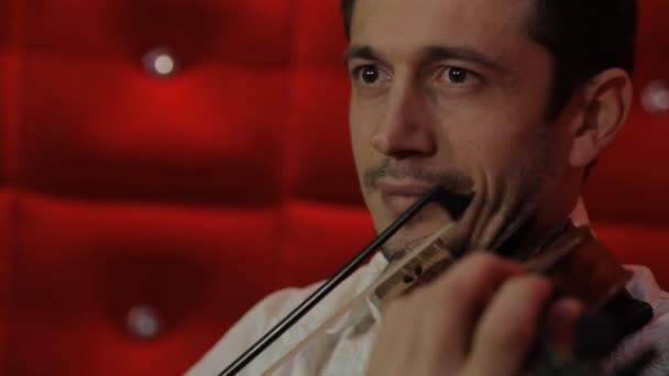 Um jovem toca violino em um fundo vermelho — Vídeo de Stock