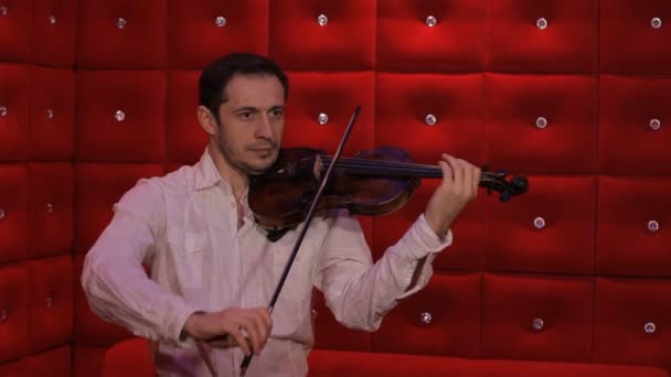 Um jovem toca violino em um fundo vermelho — Vídeo de Stock