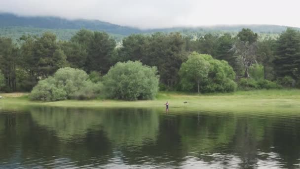 Mosca Pescador Meio Rio Cercado Pela Natureza — Vídeo de Stock