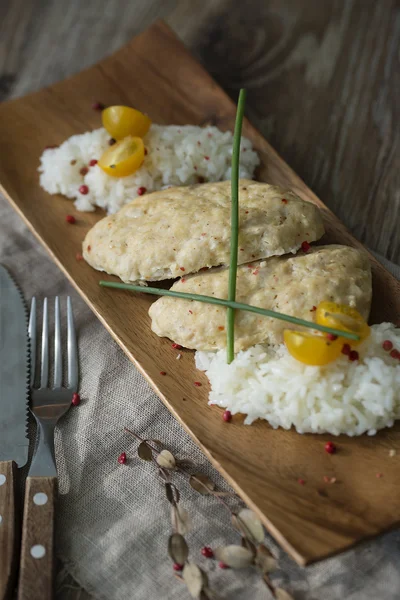 Chicken cutlets with steamed rice — Stock Photo, Image