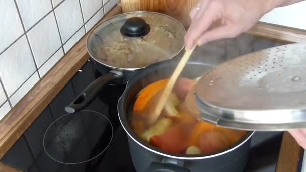 Mexendo abóbora e sopa de maçã . — Vídeo de Stock