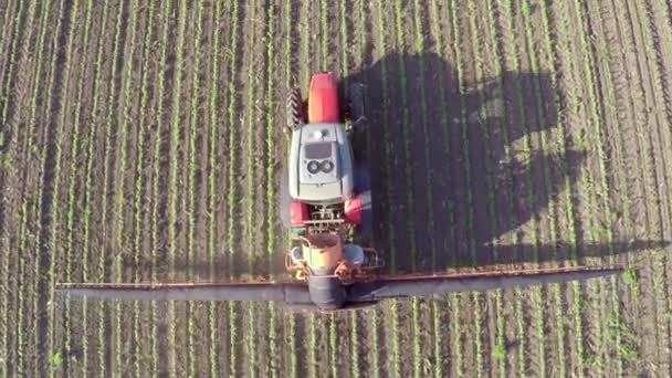 Trekker dribbelt de soja veld met chemicaliën — Stockvideo