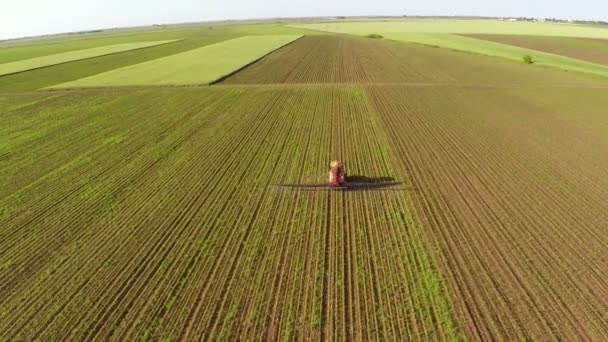 Tracteur saupoudre le champ de soja avec des produits chimiques — Video