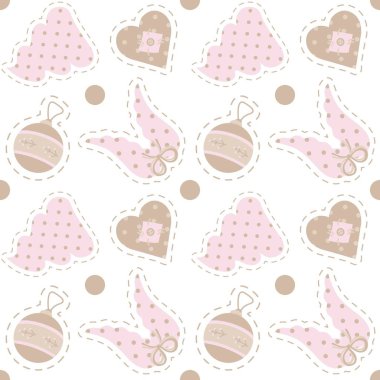 Pastel renkleri geometrik, dikişsiz vektör desenleri. Pembe benekler, bej kalpler, kanatlar, beyaz arka planda yeni yıl oyuncakları. Küçük kızlar için basit baskı: kumaş, ambalaj kağıdı, not defteri, arkaplan