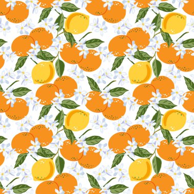 Narenciye ve çiçeklerle kusursuz bir arka plan. Mandalina ve limonların vektör çizimi, çiçek açması. Her boyuta göre ölçeklenebilir. Tebrik kartları, posterler, çıkartmalar, ambalaj kağıtları vs..