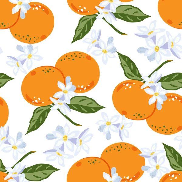 Seamless background with citrus fruits and flowers. Vector illustration of tangerines and flowering. Scalable to any size. For fabric, covers, posters, notebooks, stickers, wrapping paper, etc.