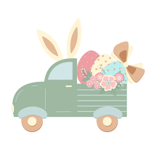 Wielkanocny Samochód Pomalowanymi Jajkami Tyłu Łukiem Zajęcze Uszy Dachu Samochodu — Wektor stockowy
