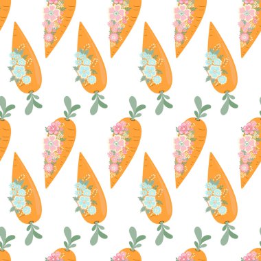 Paskalya havuçları beyaz arka planda çiçeklerle süslenmiş kusursuz desenli. Pastel renklerde şirin bir desen. Çocuk odasındaki duvar kağıtları, kumaşlar, kapaklar, ambalaj kağıtları, hatıra defterleri, defterler için.