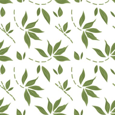 Bambu dalları. Vektör kusursuz desen. Beyaz arka planda egzotik bambu yeşili yapraklar. Kumaş, ambalaj kağıdı, tekstil, duvar kağıdı, albüm, kapak, giysi, defter vs..