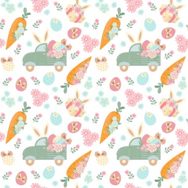 Paskalya arabasının arka planı pürüzsüz, tavşan kulakları, çiçekler, boyanmış yumurtalar ve yaylar. Pastel renklerde şirin bir desen. Kapaklar, kumaşlar, bebek odasındaki duvar kağıtları, ambalaj kağıtları, hatıra defterleri, defterler için.