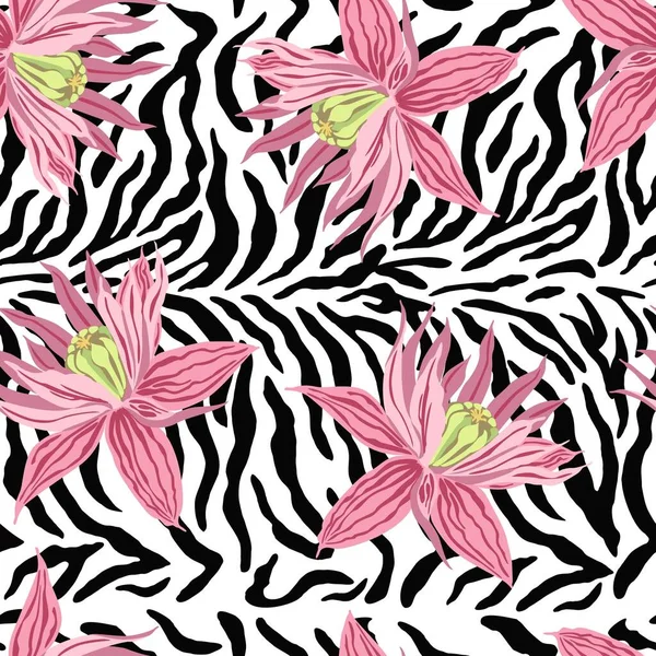 Vector illustration of exotic flowers and leaves. Zebra skin background. Exotic pattern.For poster, greeting card, invitation, cover, banner, textile and other graphic design.Scalable to any size.