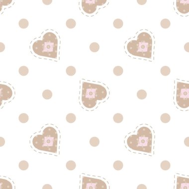 Pastel rengi geometrik dikişsiz vektör desenleri. Pembe noktalar, beyaz arka planda bej kalpler. Küçük kızlar için basit baskı: kumaş, ambalaj kağıdı, not defteri, arkaplan, kapak, tekstil, vs.