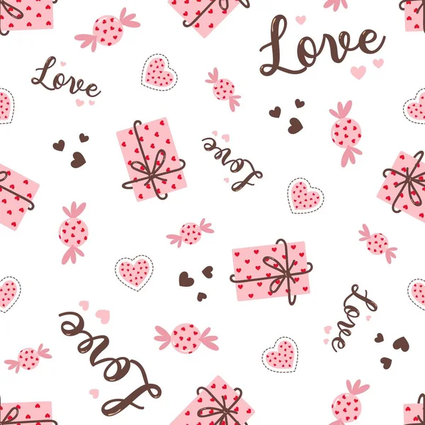 Cute Vector Hearts Seamless Pattern Words Love Pink Gifts Candies — стоковый вектор