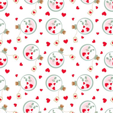 Sevgililer Günü. Kupa, aşk iksiri. Kalbin pürüzsüz bir şekli var. Hediye paketi tasarımı, malzeme, kapak. Vektör illüstrasyonu.