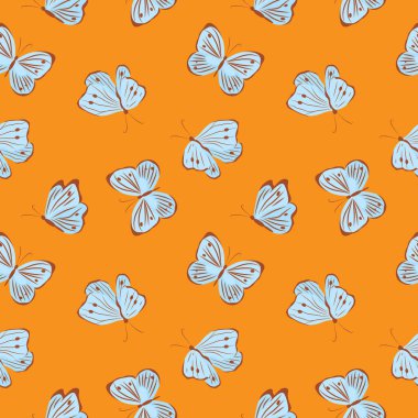Turuncu arka planda kelebekler, kusursuz yaz vektörü deseni. Kapaklar, kumaşlar, duvar kağıtları, ambalaj kağıtları, hatıra defterleri, vs..