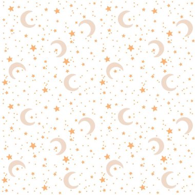 Kusursuz çocuk vektör geçmişi. Gökyüzünün, ayın ve yıldızların şirin resimleri. Yumuşak pastel renkli çocuk baskısı. Kumaşlar, kapaklar, giysiler, tekstil, duvar kağıtları için.