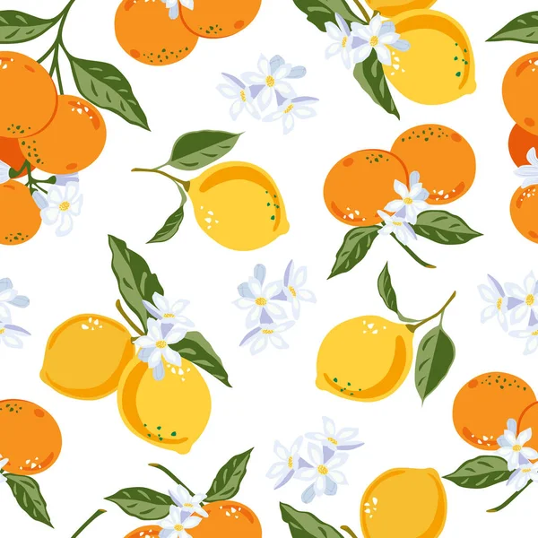 Mandarinas Limões Padrão Floral Vetor Fundo Frutas Sem Costura Frutas — Vetor de Stock