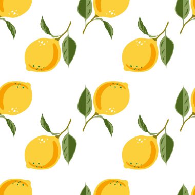 Limonlu ve yapraklı güzel kusursuz vektör deseni. Soyut doku. Duvar kağıtları, web sayfası geçmişi, yüzey dokuları, tekstil tasarımı, kapak, çiftçi pazarı, defterler için mükemmel.