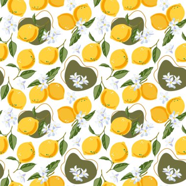 Limonlu ve yapraklı güzel kusursuz vektör deseni. Soyut doku. Duvar kağıtları, web sayfası geçmişi, yüzey dokuları, tekstil tasarımı, kapak, çiftçi pazarı, defterler için mükemmel.