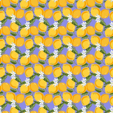 Limonlu, çiçekli ve yapraklı desen. Güzel, kusursuz bir vektör. Soyut doku. Duvar kağıtları, web sayfası geçmişi, yüzey dokuları, tekstil tasarımı, kapak, çiftçi pazarı, defterler için mükemmel.