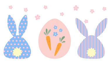 Paskalya izole elementleri beyaz arka planda ayarlandı. Tavşan, yumurta, havuç, çiçek. Vektör.