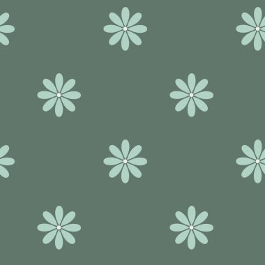 Yeşil arkaplandaki çiçek desenli turkuaz narin çiçekler. Kusursuz bir çiçek vektör geçmişi var. Duvar kağıdı, kumaş, ekose, havlu, örtü, ambalaj kağıdı, giysi, çanta, çiçek desenli papatya 