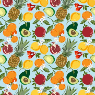 Tropikal meyve ve çiçek karışımlı kusursuz desen ananas, nar, limon, portakal mandalinası. Tatlı vektör pastel arka plan. Yaz meyvelerinin parlak bir örneği. Kumaş ve dekorasyon için.